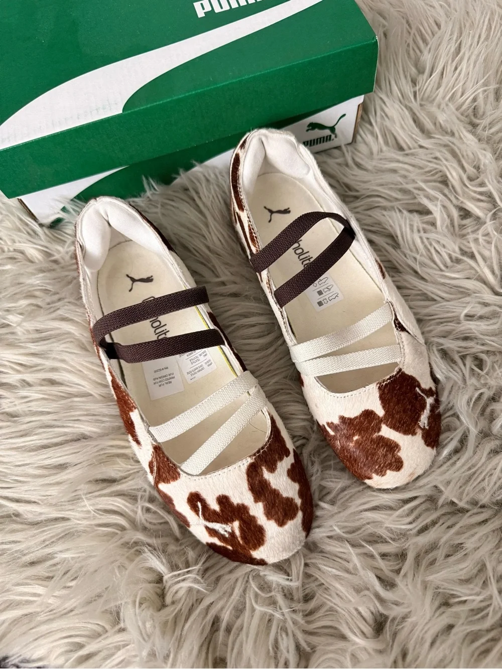 Puma Brown & White Cow-Print Mary Jane Flats